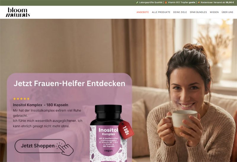 Screenshot der Bloom Naturals Website